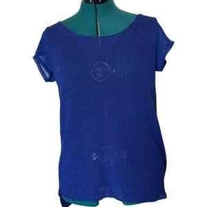 FEVER Blue High Low Knit Top See-Through Cap Sleeve Acrylic Blend Women's Size M